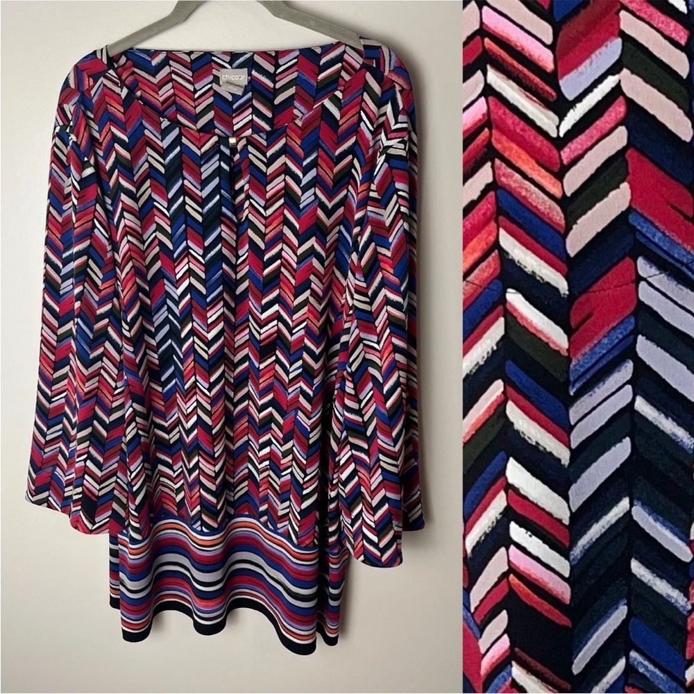 Chico's Tunic Top Size 3 (XL,16) 3/4 Wide Sleeves Stretch Black Blue Red Green
